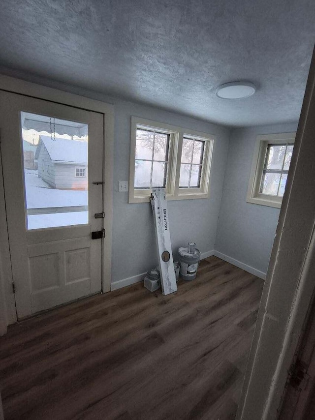 doorway featuring baseboards, dark wood-type flooring, a healthy amount of sunlight, and a textured ceiling