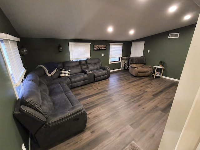 living room featuring wood-type flooring and lofted ceiling