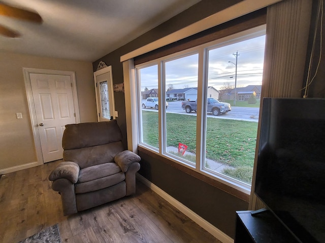 living area with hardwood / wood-style floors and a healthy amount of sunlight