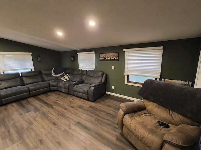 living room with hardwood / wood-style floors and lofted ceiling