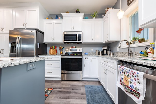 255 N Pine St, Lakeview, OH 43331 - kitchen with stainless steel appliances, white cabinetry, dark wood finished floors, and light stone counters
