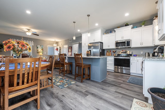255 N Pine St, Lakeview, OH 43331 - kitchen featuring stainless steel appliances, ceiling fan, wood finished floors, white cabinets, and a center island