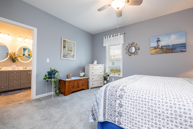 255 N Pine St, Lakeview, OH 43331 - bedroom with light carpet, connected bathroom, and ceiling fan