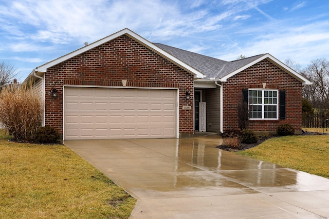 ranch-style house featuring driveway, an attached garage, and brick siding