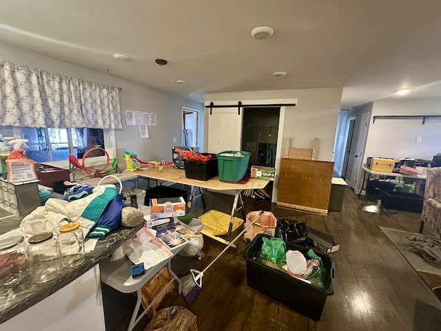 miscellaneous room featuring a barn door and hardwood / wood-style floors