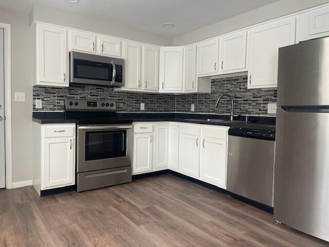 kitchen with white cabinetry, dark hardwood / wood-style flooring, stainless steel appliances, decorative backsplash, and sink