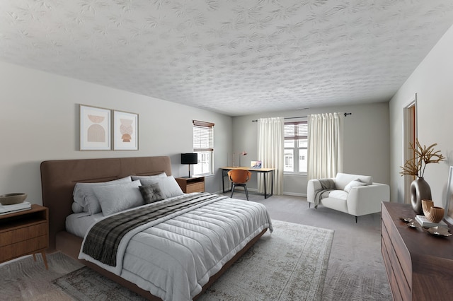 bedroom featuring light carpet and a textured ceiling