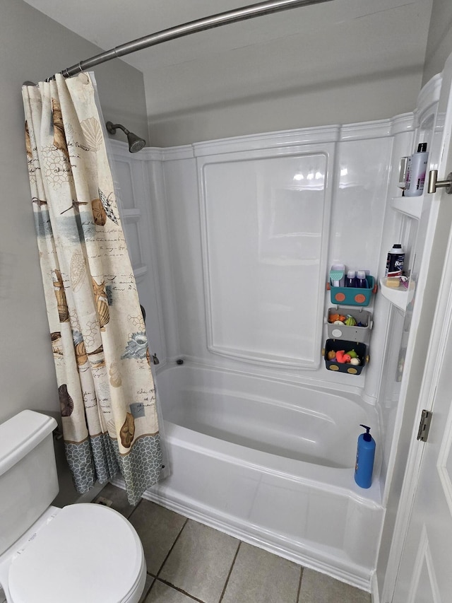 full bathroom with shower / bath combo, tile patterned flooring, and toilet