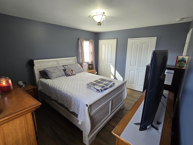 bedroom featuring dark wood-type flooring and multiple closets