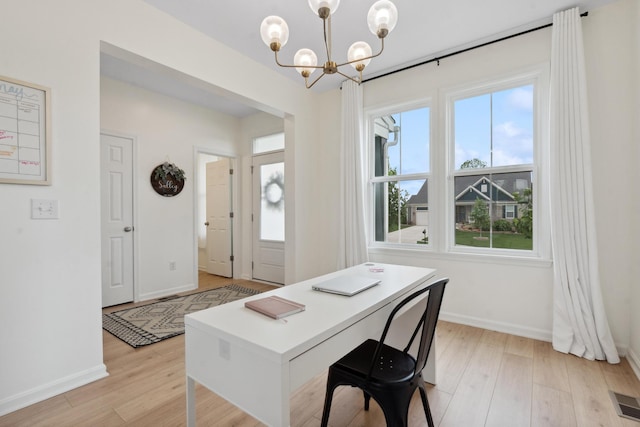 3600 Magnolia Trace Dr, Bellbrook, OH 45305 - home office featuring a chandelier, light wood finished floors, and baseboards