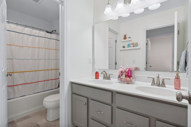 3600 Magnolia Trace Dr, Bellbrook, OH 45305 - bathroom with double vanity, toilet, and shower / tub combo with curtain