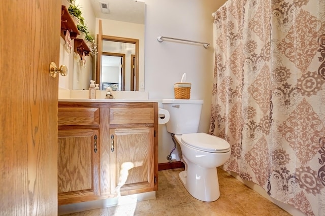 full bathroom with visible vents, curtained shower, toilet, tile patterned floors, and vanity