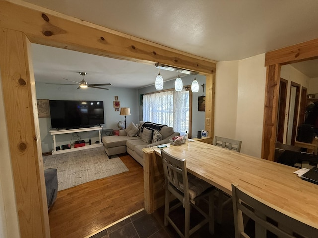 dining area with dark hardwood / wood-style flooring and ceiling fan