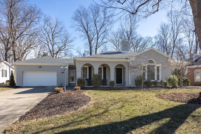 ranch-style home with a garage, a porch, and a front yard