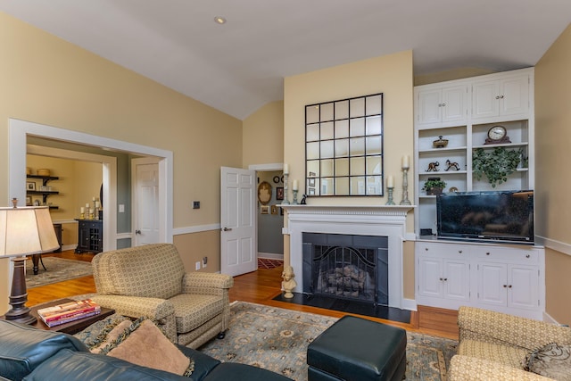 living room featuring dark wood-type flooring and lofted ceiling