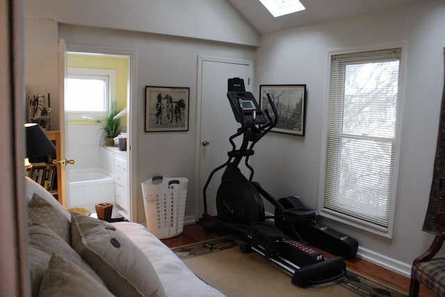 workout room featuring wood-type flooring and lofted ceiling with skylight