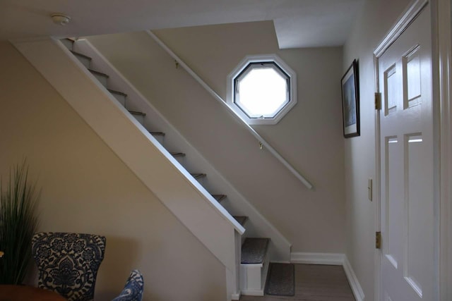 staircase featuring hardwood / wood-style floors