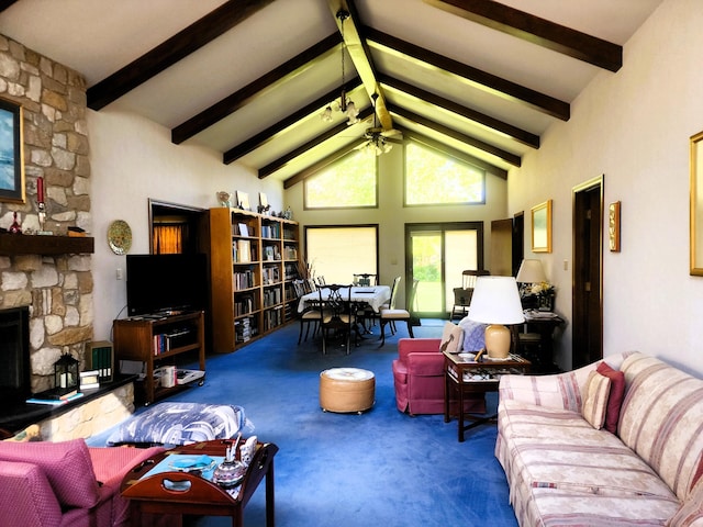 9115 New Bremen New Knoxville Rd, New Knoxville, OH 45871 - carpeted living room with high vaulted ceiling, beamed ceiling, a fireplace, and ceiling fan