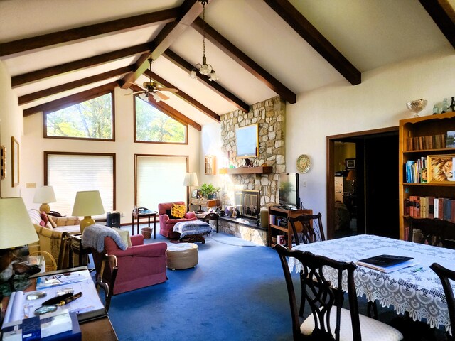 9115 New Bremen New Knoxville Rd, New Knoxville, OH 45871 - dining space featuring beamed ceiling, a fireplace, ceiling fan, carpet, and high vaulted ceiling