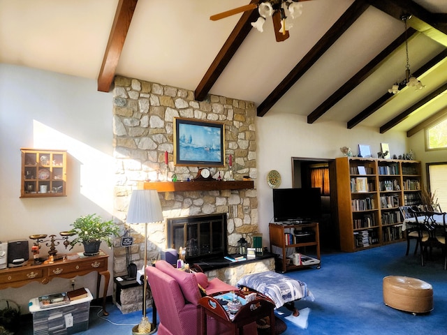 9115 New Bremen New Knoxville Rd, New Knoxville, OH 45871 - carpeted living area featuring a stone fireplace and ceiling fan