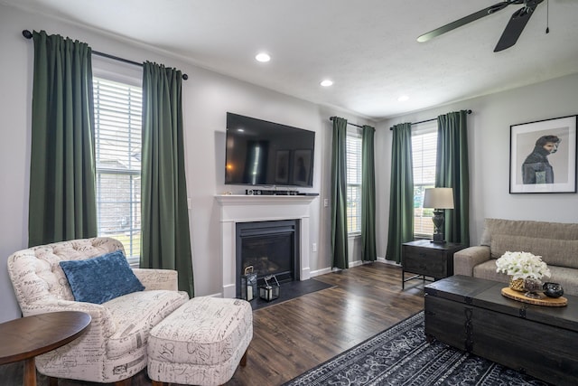 8754 Elysee Cir, Washington Twp, OH 45458 - living room with ceiling fan, wood finished floors, a fireplace with flush hearth, healthy amount of natural light, and recessed lighting