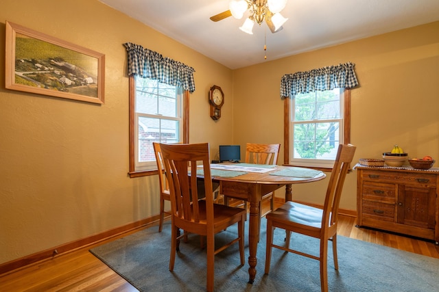 704 Campbell Rd, Sidney, OH 45365 - dining space featuring baseboards, a wealth of natural light, ceiling fan, and wood finished floors