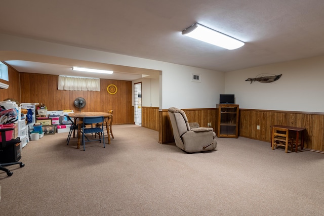 704 Campbell Rd, Sidney, OH 45365 - recreation room featuring wood walls, wainscoting, visible vents, and carpet floors