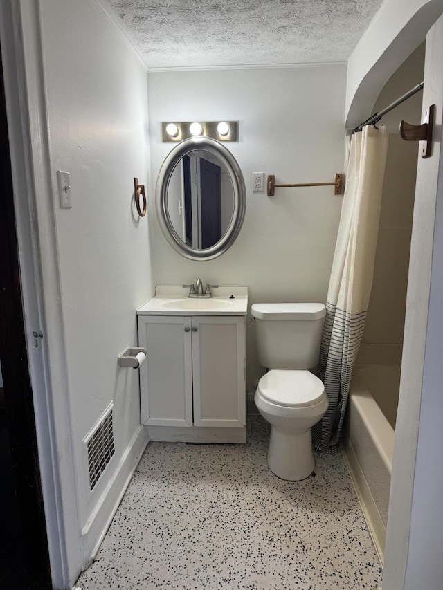 full bathroom with vanity, toilet, shower / tub combo, and a textured ceiling