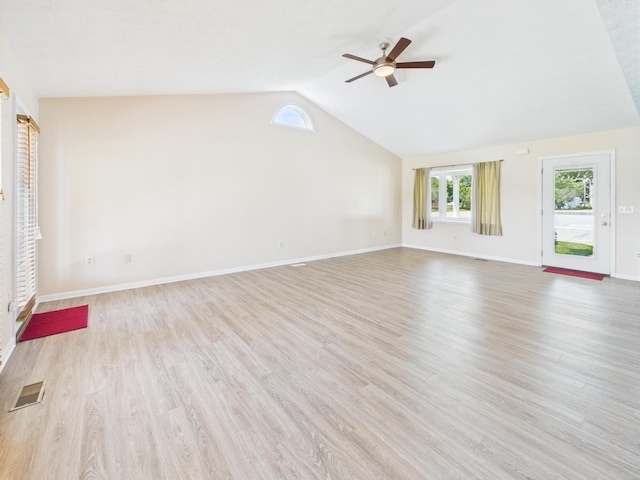 173 Front St, West Milton, OH 45383 - unfurnished living room with ceiling fan, lofted ceiling, and light wood-style floors