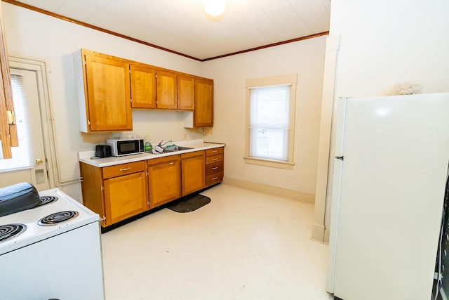 kitchen featuring sink, white appliances, and ornamental molding