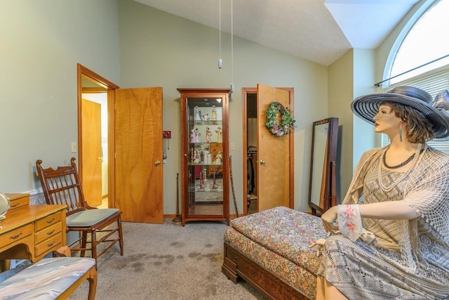 living area with lofted ceiling and light colored carpet