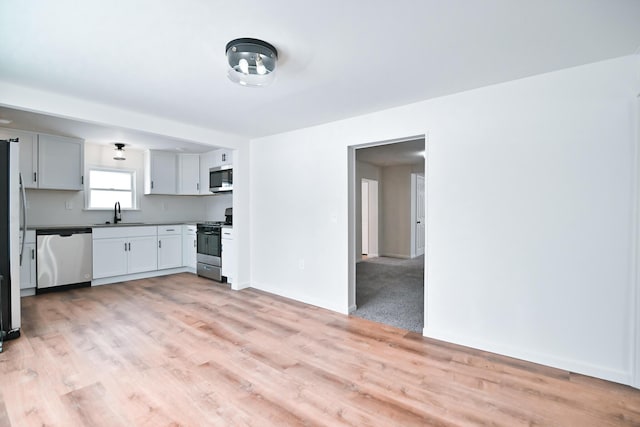 kitchen with a sink, light wood-style flooring, and stainless steel appliances