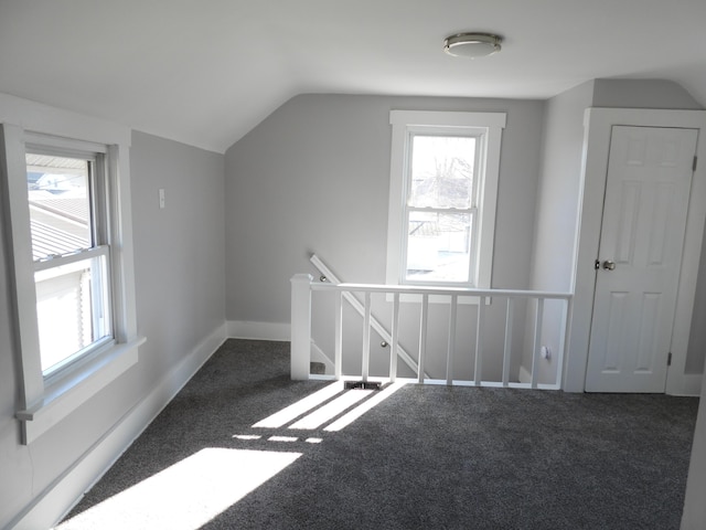 additional living space with a wealth of natural light, carpet flooring, and vaulted ceiling