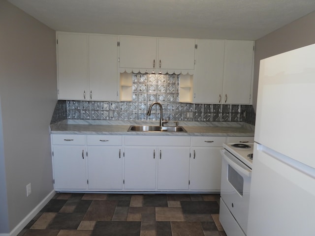 kitchen featuring tasteful backsplash, a sink, white cabinets, white appliances, and open shelves