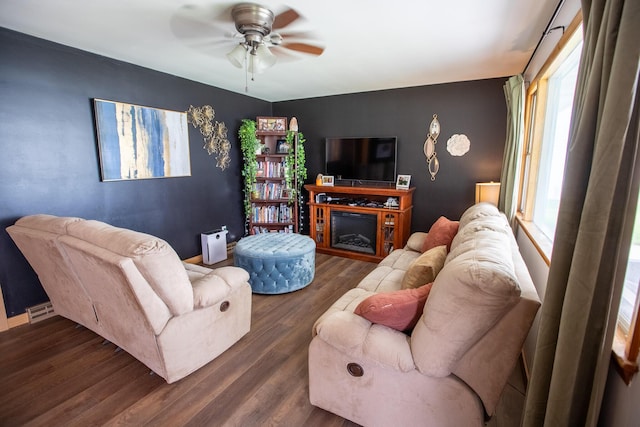 812 Motz St, Saint Marys, OH 45885 - living room featuring plenty of natural light, ceiling fan, dark wood finished floors, and a fireplace