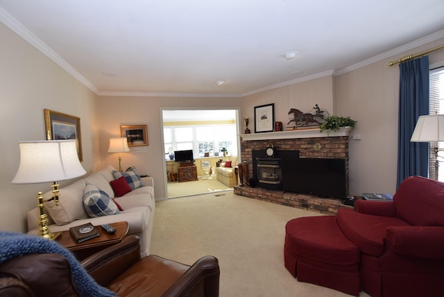 living room with crown molding, a wealth of natural light, and carpet