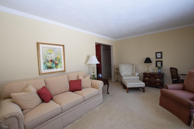 carpeted living room with ornamental molding