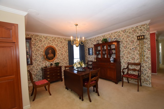 dining room featuring light carpet, crown molding, and a chandelier