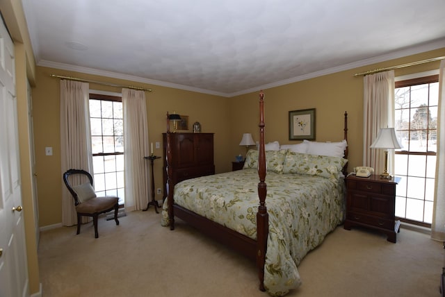 carpeted bedroom with multiple windows and ornamental molding