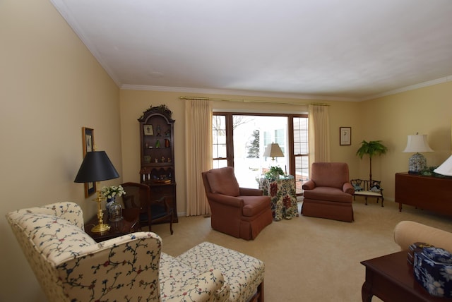 living room featuring crown molding and light carpet