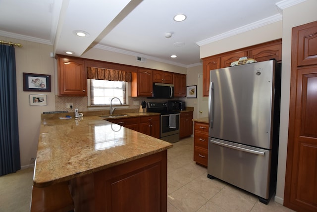 kitchen featuring tasteful backsplash, crown molding, appliances with stainless steel finishes, and sink