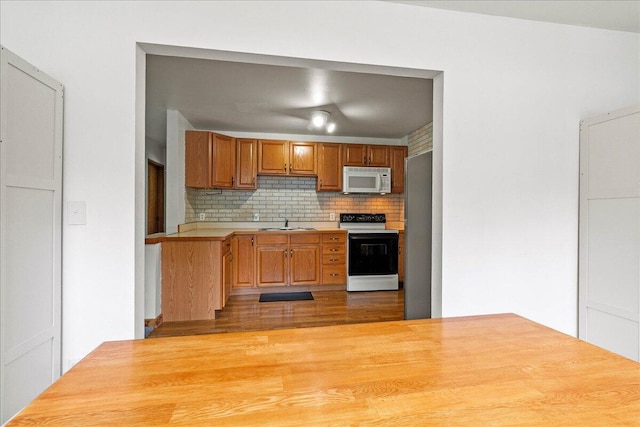 230 Morse St, Russells Point, OH 43348 - kitchen with range with electric cooktop, white microwave, light countertops, tasteful backsplash, and a sink
