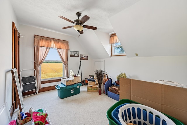 4711 N Elm Tree Rd, Conover, OH 45317 - recreation room featuring carpet flooring, a ceiling fan, lofted ceiling, and a textured ceiling