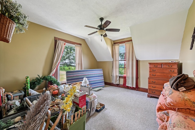 4711 N Elm Tree Rd, Conover, OH 45317 - bedroom featuring multiple windows, carpet floors, a textured ceiling, lofted ceiling, and ceiling fan