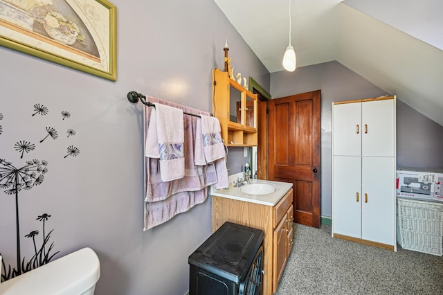 4711 N Elm Tree Rd, Conover, OH 45317 - bathroom featuring vaulted ceiling and vanity