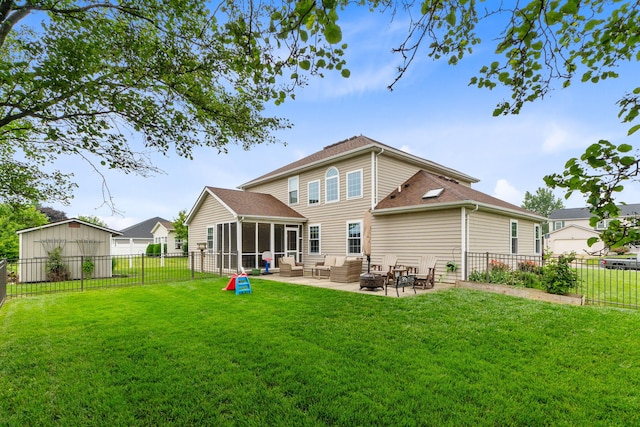 170 Fox Harbor Dr, Troy, OH 45373 - back of property featuring an outdoor living space, a sunroom, a fenced backyard, and a patio