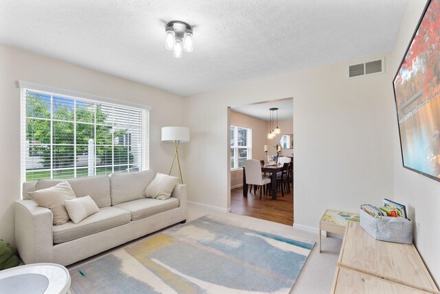 170 Fox Harbor Dr, Troy, OH 45373 - living area with healthy amount of natural light, carpet flooring, a chandelier, and a textured ceiling