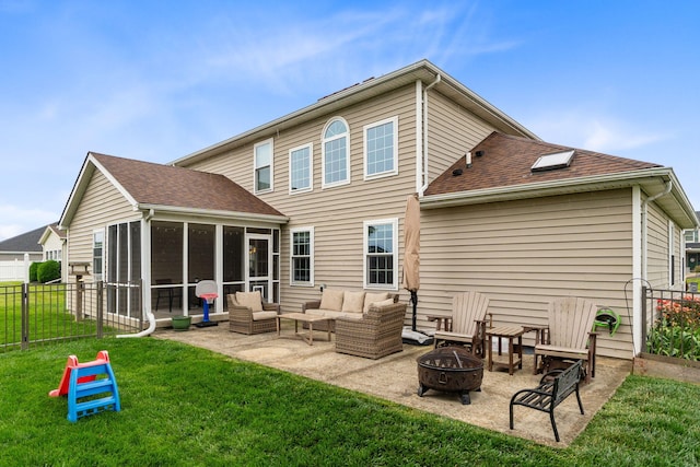 170 Fox Harbor Dr, Troy, OH 45373 - rear view of house featuring a sunroom, a patio, an outdoor living space with a fire pit, and a shingled roof