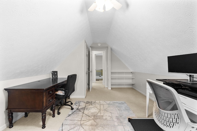 170 Fox Harbor Dr, Troy, OH 45373 - carpeted home office featuring a textured ceiling, vaulted ceiling, and ceiling fan
