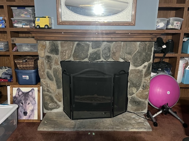 details with a fireplace and carpet flooring